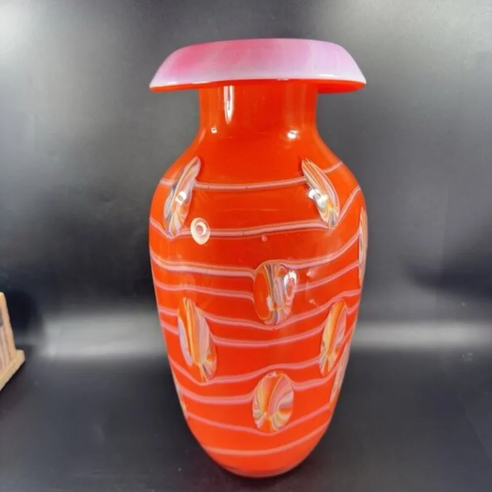 Tall Art Glass Vase Vessel Mushroom Top Orange With White Swirl Glass Vase 12inc
